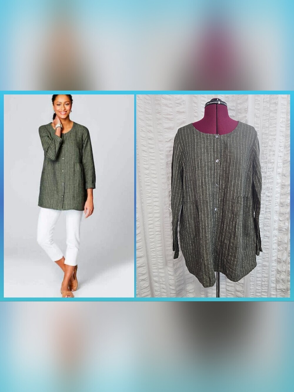 Pure Jill 100% Linen Lagenlook Pinstriped Coastal Casual Boho Babydoll Swing Top